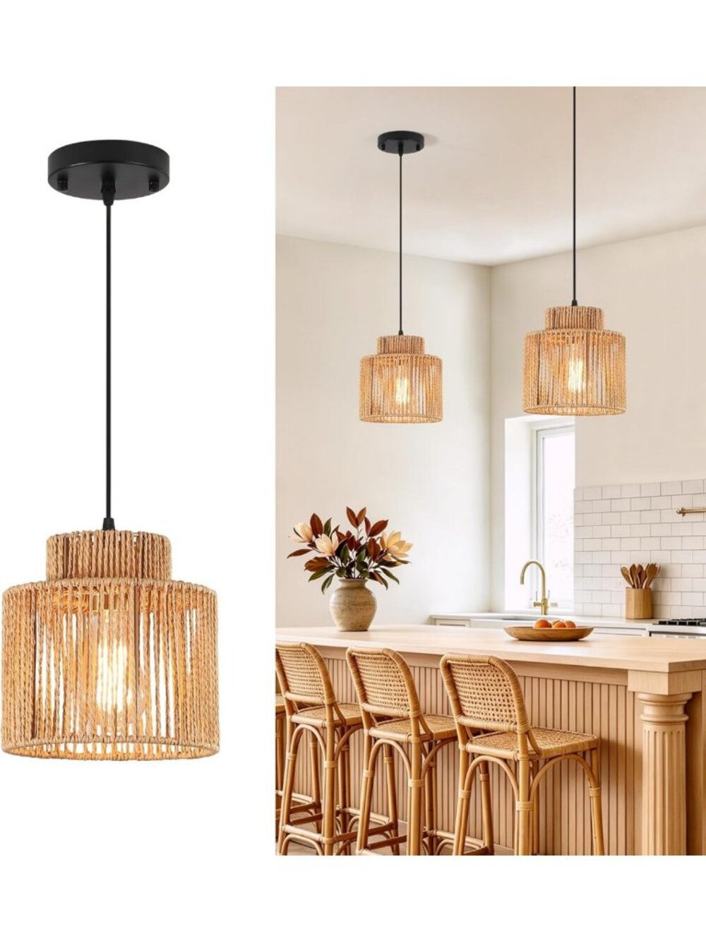 Hand Woven Boho Rattan Pendant Light | Stylish Hanging Lamp for Kitchen Island